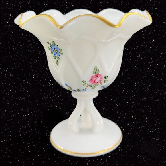 Westmoreland Compote Flower Hand Painted Compote Dish Gold Ruffled Top Glass VTG - Picture 9 of 10